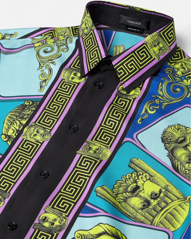 roupas P2TX1305 Versace camisa de seda le maschere imprimir homens