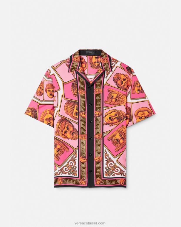 roupas P2TX1307 Versace camisa de seda le maschere rosa e estampado homens