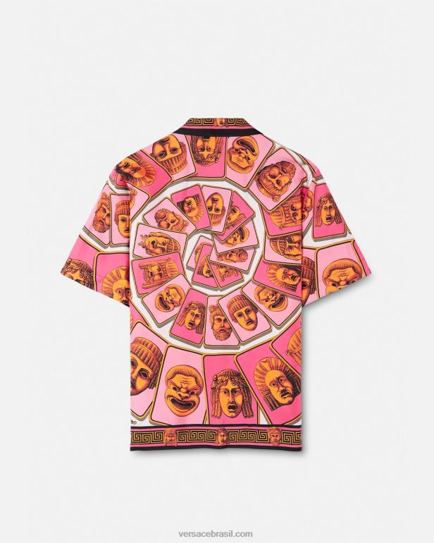 roupas P2TX1307 Versace camisa de seda le maschere rosa e estampado homens