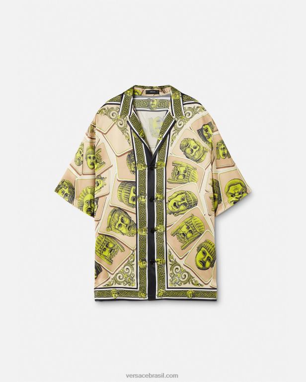 roupas P2TX1308 Versace camisa de seda oversized le maschere imprimir homens