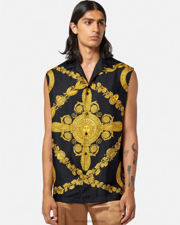 roupas P2TX1312 Versace camisa de seda barroca maschera imprimir homens