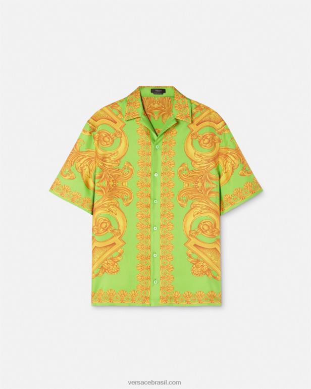 roupas P2TX1317 Versace camisa de seda barroco 660 ouro e verde homens