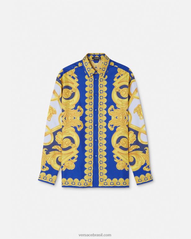 roupas P2TX1318 Versace camisa de seda barroco 660 azul e dourado homens