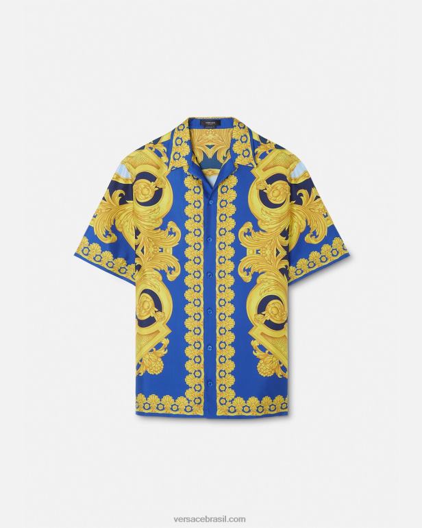 roupas P2TX1319 Versace camisa de seda barroco 660 azul e dourado homens