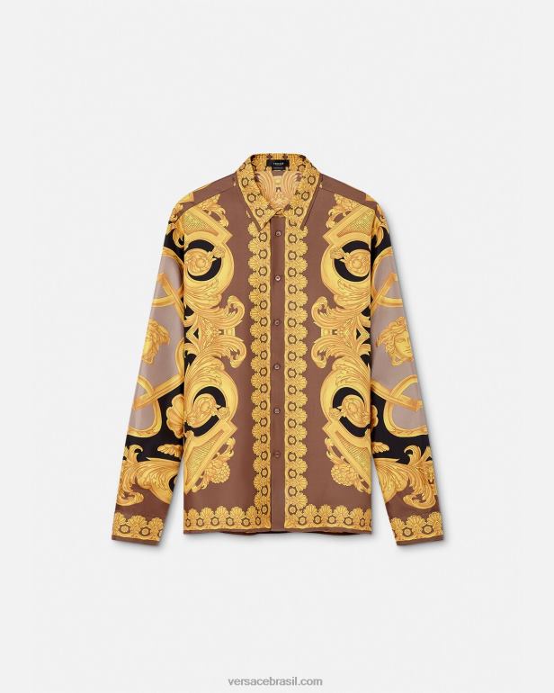 roupas P2TX1320 Versace camisa de seda barroco 660 marrom e dourado homens