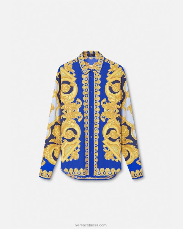 roupas P2TX1321 Versace camisa barroco algodão 660 azul e dourado homens