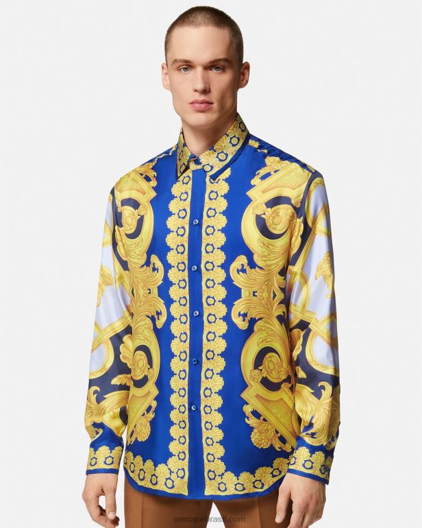 roupas P2TX1321 Versace camisa barroco algodão 660 azul e dourado homens