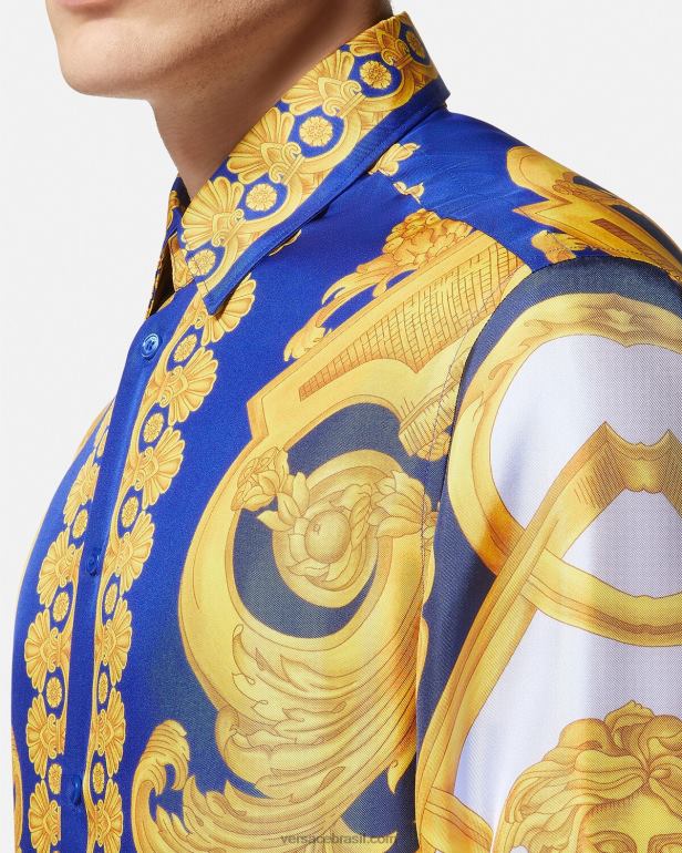 roupas P2TX1321 Versace camisa barroco algodão 660 azul e dourado homens