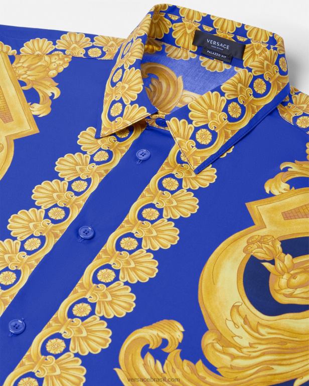 roupas P2TX1321 Versace camisa barroco algodão 660 azul e dourado homens