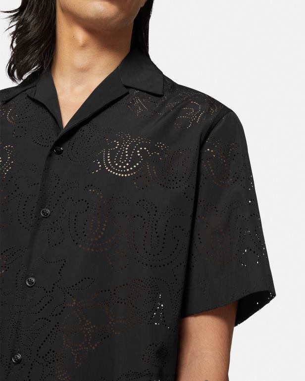 roupas P2TX1323 Versace camisa barroco com corte a laser preto homens