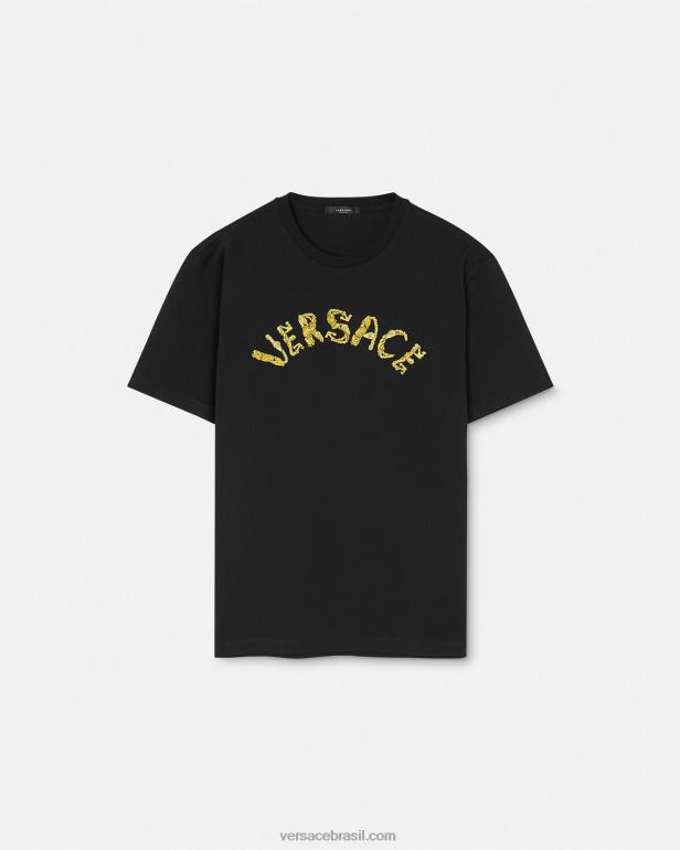 roupas P2TX1359 Versace camiseta com logo barroco em forma de concha preto homens