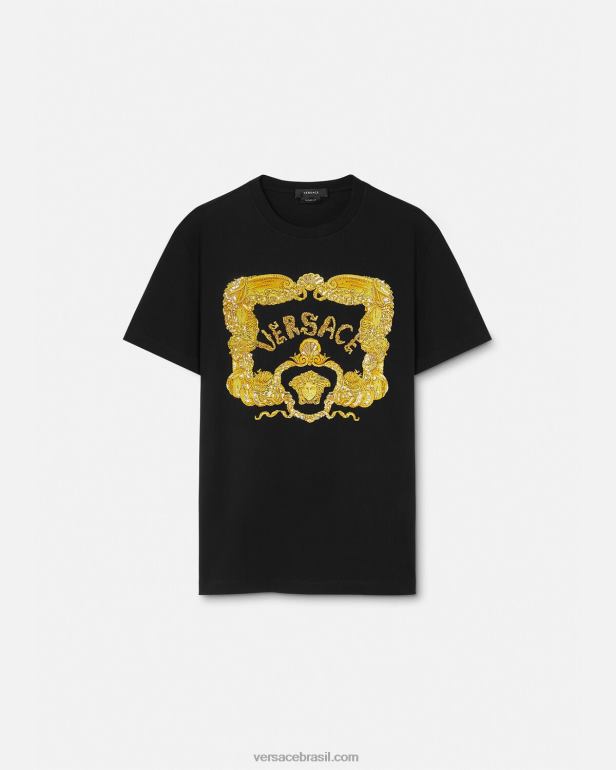roupas P2TX1363 Versace camiseta barroca bordada em forma de concha preto homens