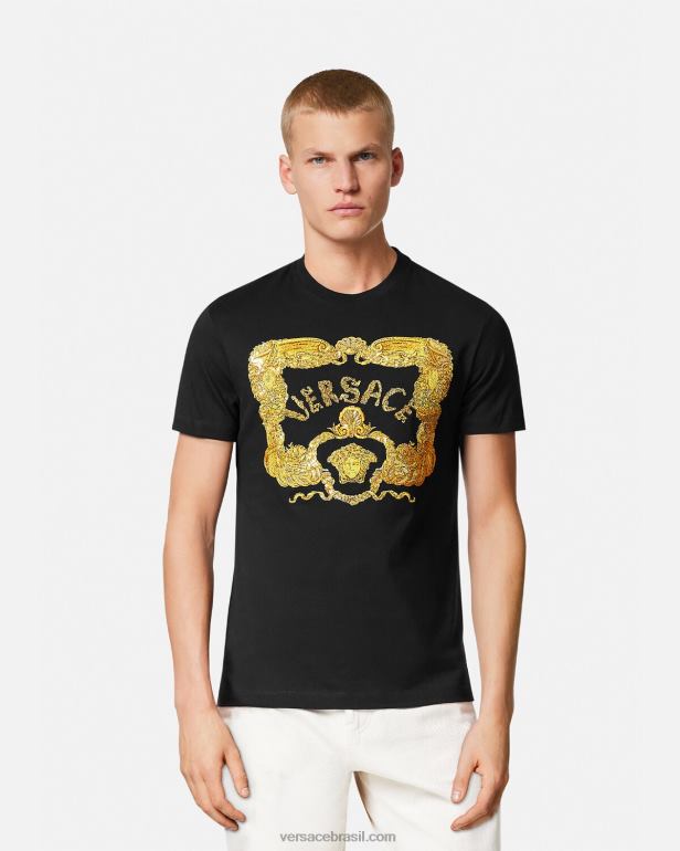 roupas P2TX1363 Versace camiseta barroca bordada em forma de concha preto homens