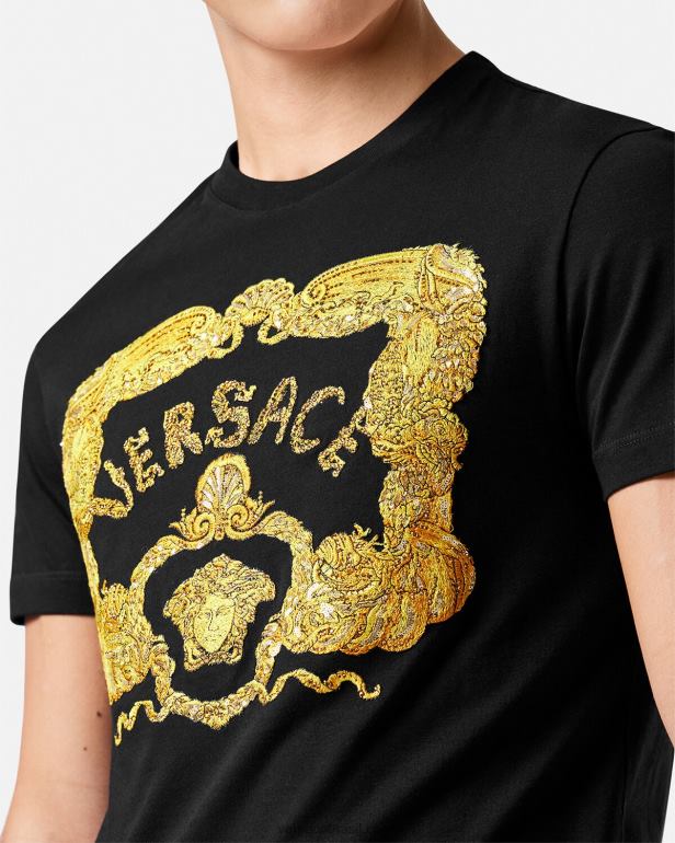 roupas P2TX1363 Versace camiseta barroca bordada em forma de concha preto homens