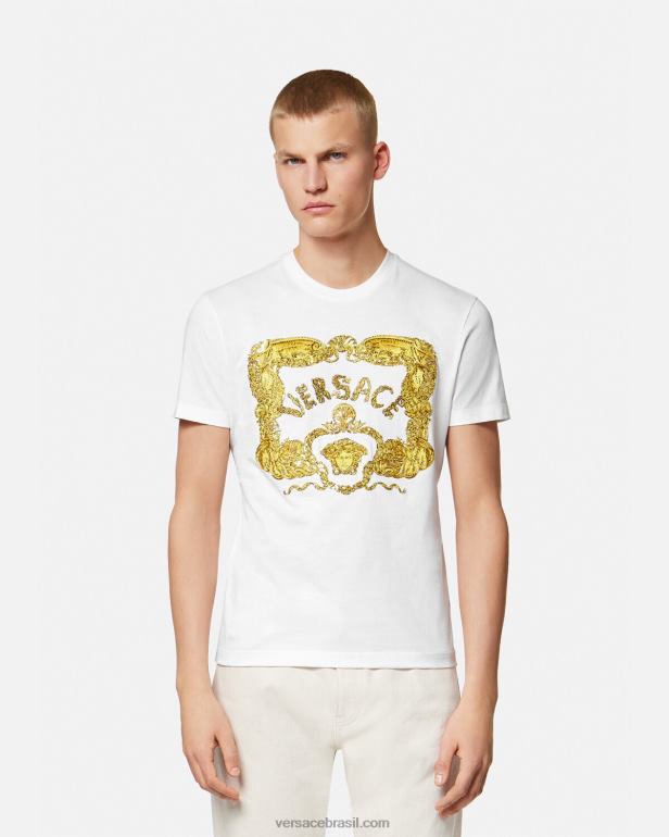roupas P2TX1364 Versace camiseta barroca bordada em forma de concha branco homens