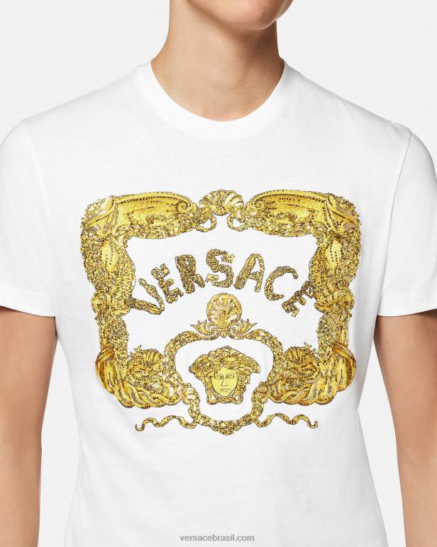 roupas P2TX1364 Versace camiseta barroca bordada em forma de concha branco homens