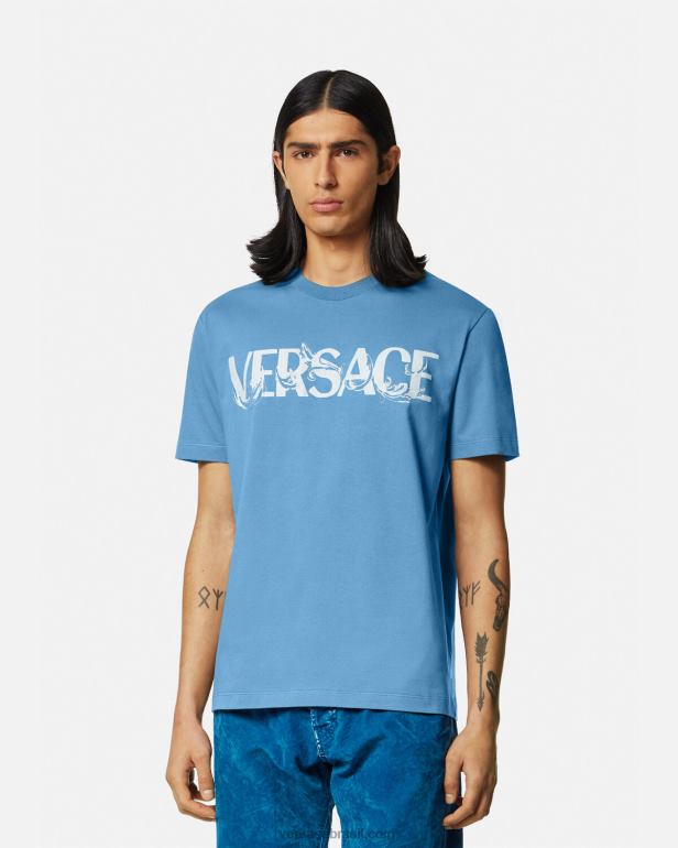 roupas P2TX1367 Versace camiseta com logo silhueta barroco azul claro homens