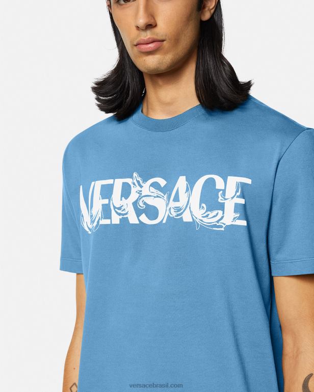 roupas P2TX1367 Versace camiseta com logo silhueta barroco azul claro homens