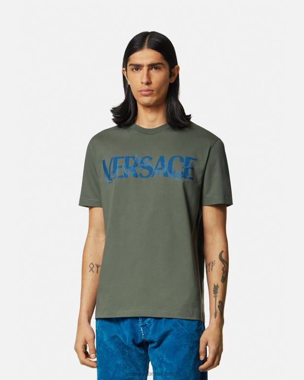 roupas P2TX1368 Versace camiseta com logo silhueta barroco verde homens