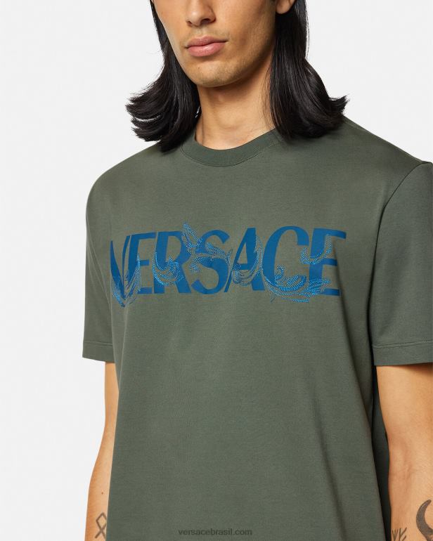 roupas P2TX1368 Versace camiseta com logo silhueta barroco verde homens