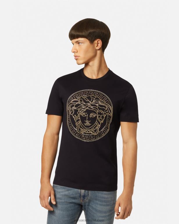 roupas P2TX1377 Versace camiseta com logo medusa embelezada preto homens