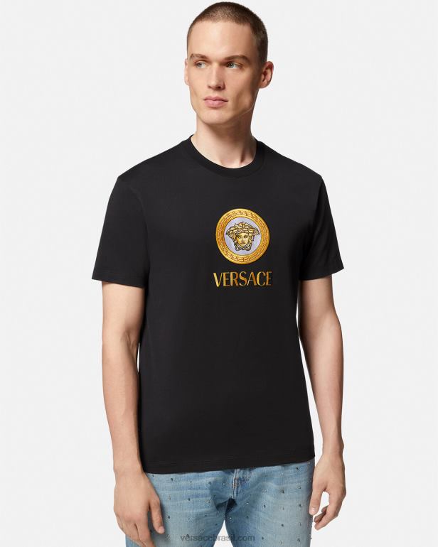 roupas P2TX1399 Versace camiseta bordada com logo medusa preto homens