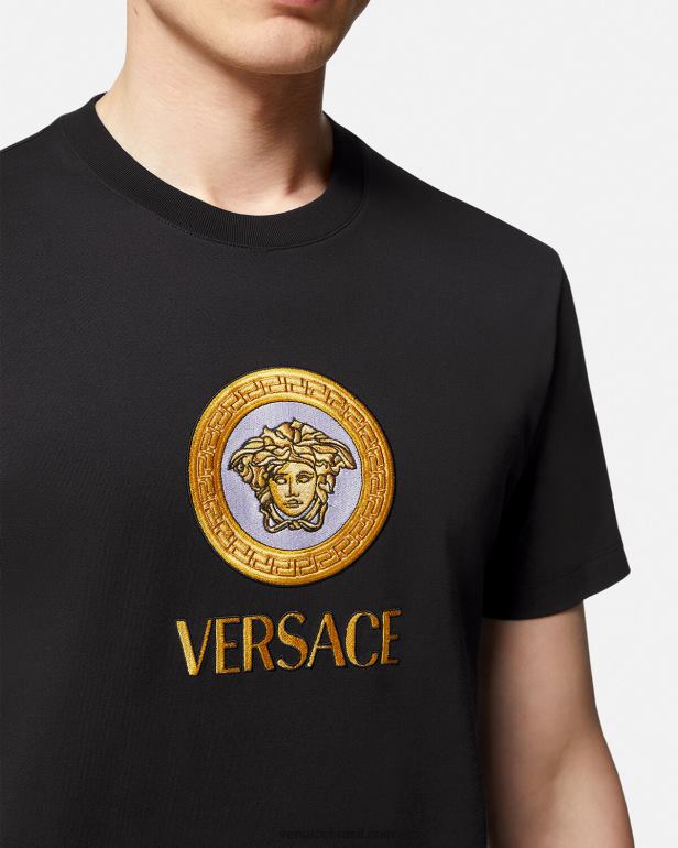 roupas P2TX1399 Versace camiseta bordada com logo medusa preto homens