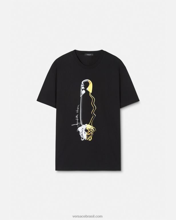 roupas P2TX1400 Versace camiseta gráfica com alfinete de segurança preto homens