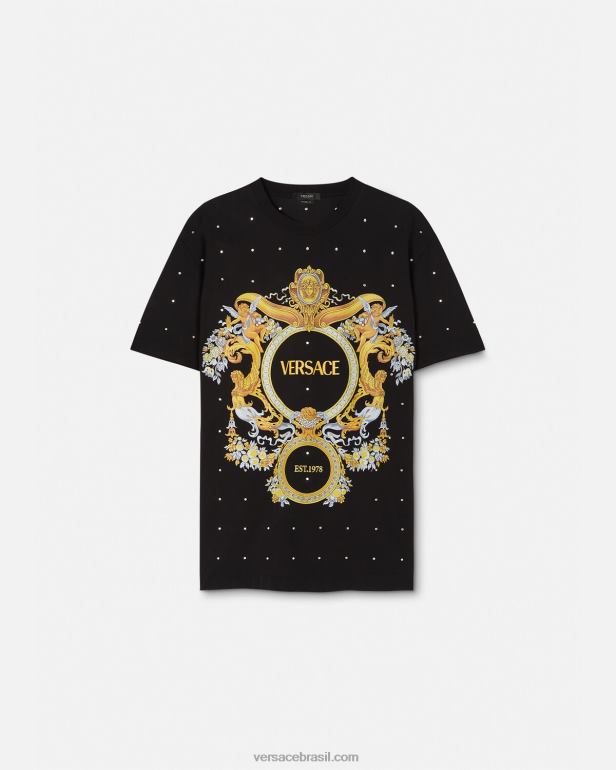 roupas P2TX1402 Versace camiseta grade de cristal barroco preto homens