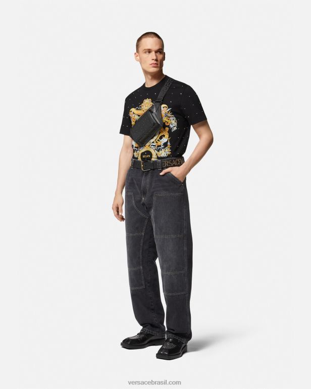 roupas P2TX1402 Versace camiseta grade de cristal barroco preto homens