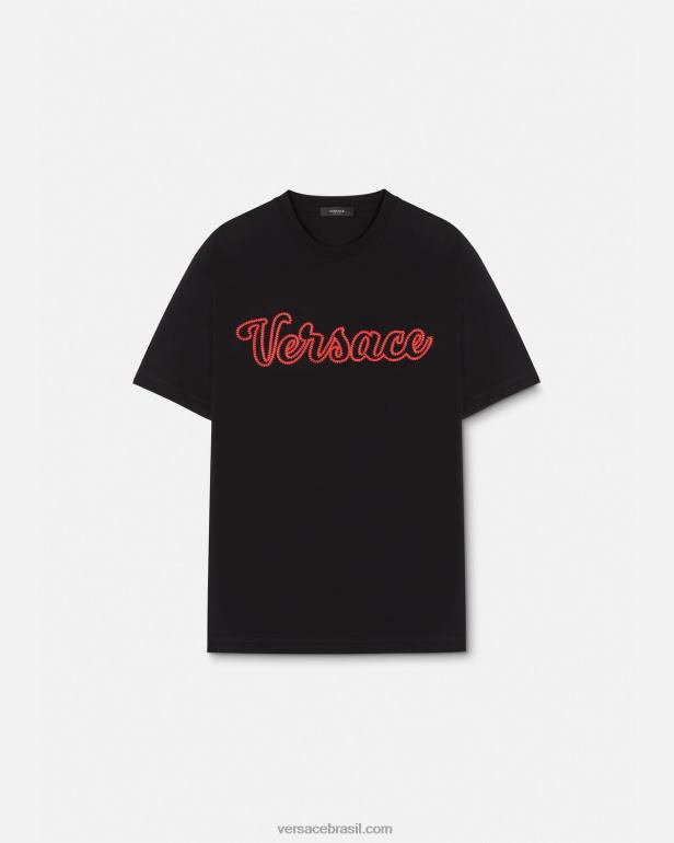 roupas P2TX1404 Versace camiseta bordada com logo do time do colégio preto homens