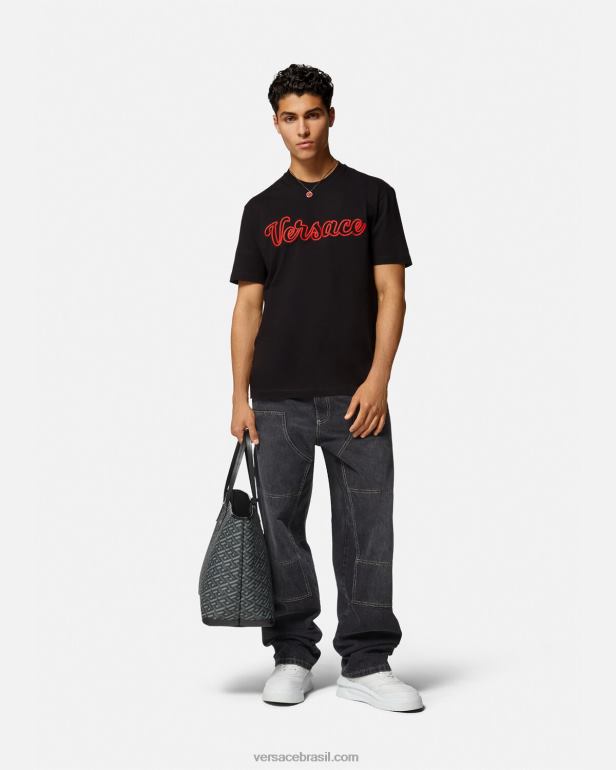 roupas P2TX1404 Versace camiseta bordada com logo do time do colégio preto homens
