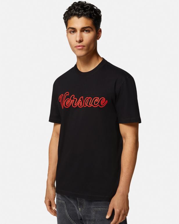 roupas P2TX1404 Versace camiseta bordada com logo do time do colégio preto homens