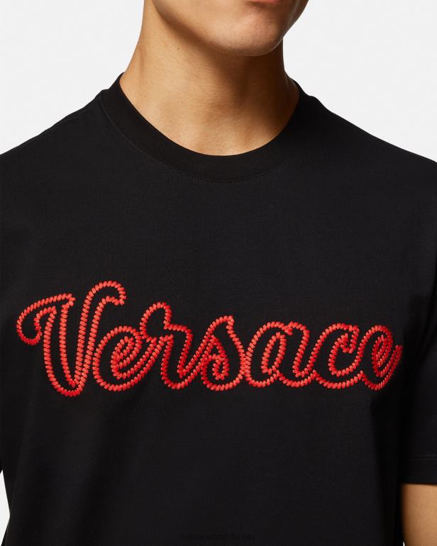 roupas P2TX1404 Versace camiseta bordada com logo do time do colégio preto homens