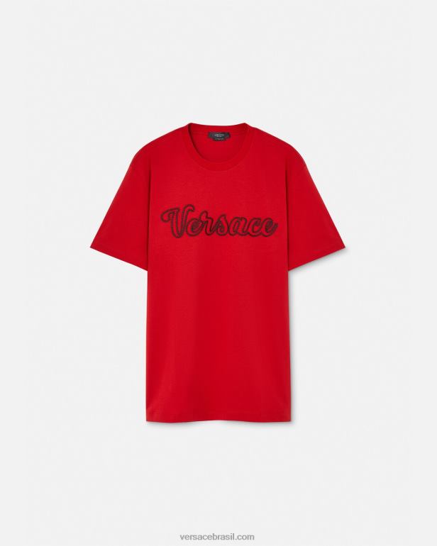 roupas P2TX1405 Versace camiseta bordada com logo do time do colégio vermelho homens