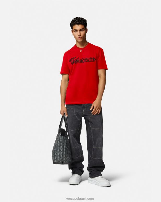 roupas P2TX1405 Versace camiseta bordada com logo do time do colégio vermelho homens