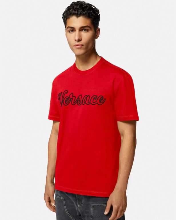 roupas P2TX1405 Versace camiseta bordada com logo do time do colégio vermelho homens