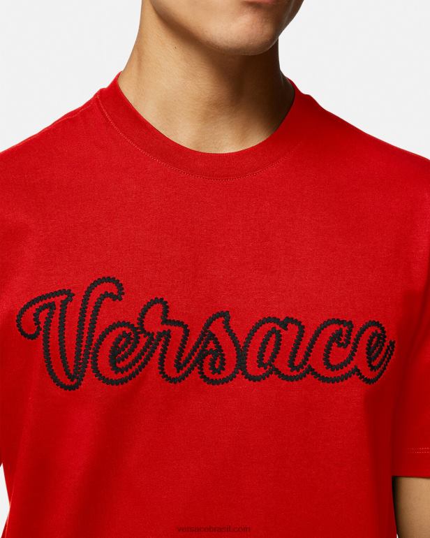 roupas P2TX1405 Versace camiseta bordada com logo do time do colégio vermelho homens
