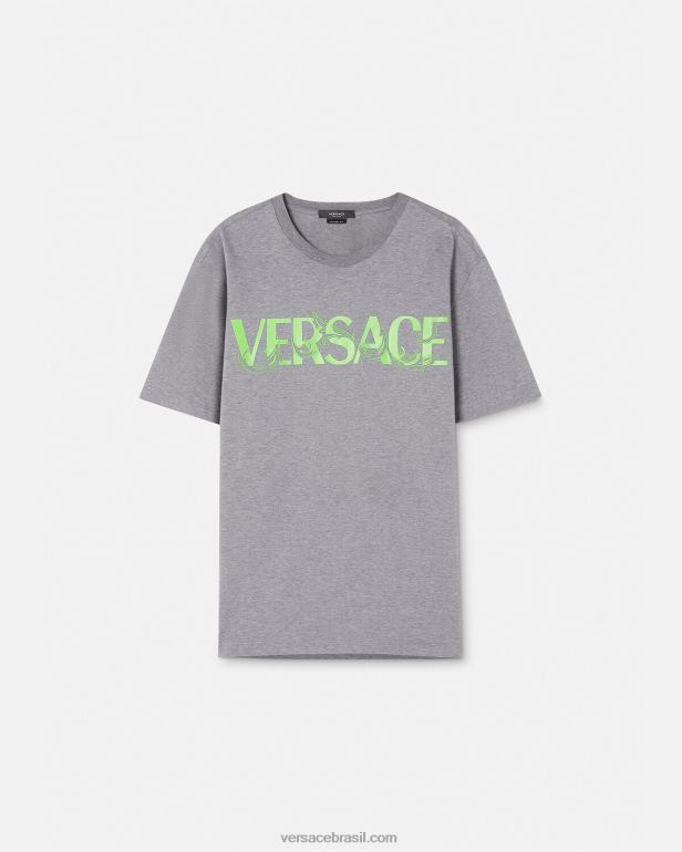 roupas P2TX1410 Versace camiseta com logo bordado barroco cinza homens