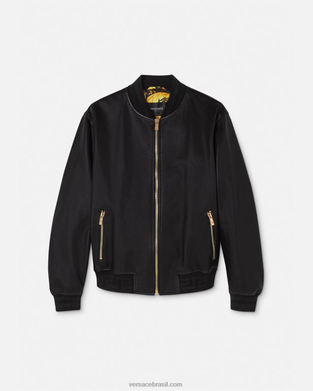 roupas P2TX1225 Versace jaqueta bomber de couro greca preto homens