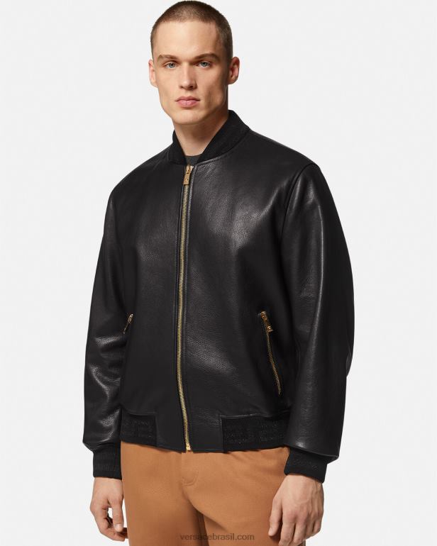 roupas P2TX1225 Versace jaqueta bomber de couro greca preto homens