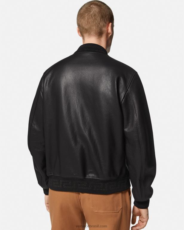 roupas P2TX1225 Versace jaqueta bomber de couro greca preto homens