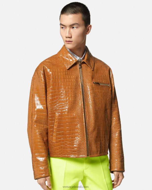 roupas P2TX1255 Versace blusão de couro com efeito crocodilo laranja homens