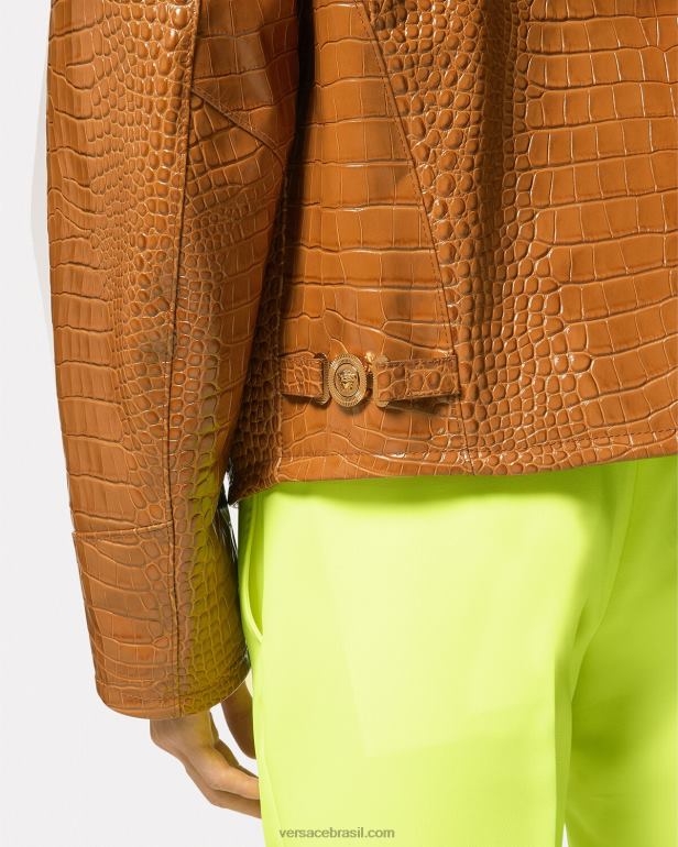 roupas P2TX1255 Versace blusão de couro com efeito crocodilo laranja homens