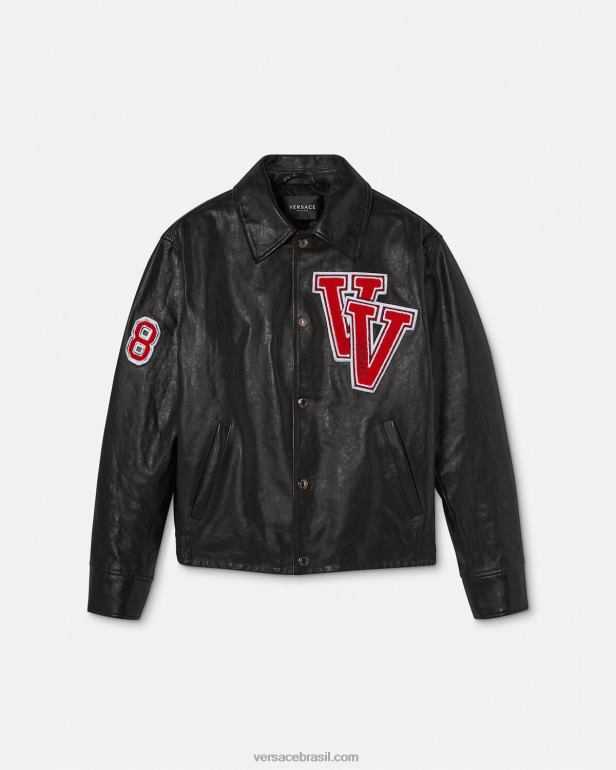 roupas P2TX1258 Versace jaqueta de couro do time do colégio preto homens