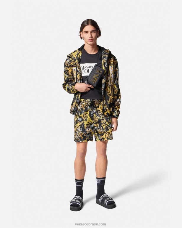 roupas P2TX2414 Versace jaqueta corta vento de alta costura com logo preto e estampado homens