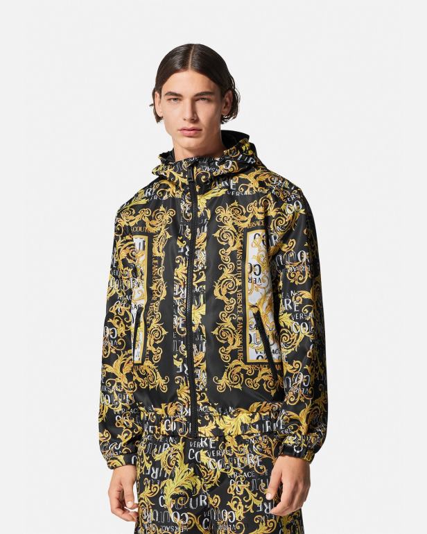 roupas P2TX2414 Versace jaqueta corta vento de alta costura com logo preto e estampado homens