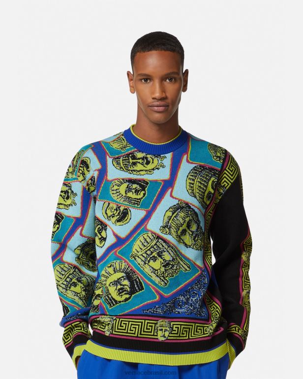 roupas P2TX1335 Versace suéter jacquard le maschere imprimir homens