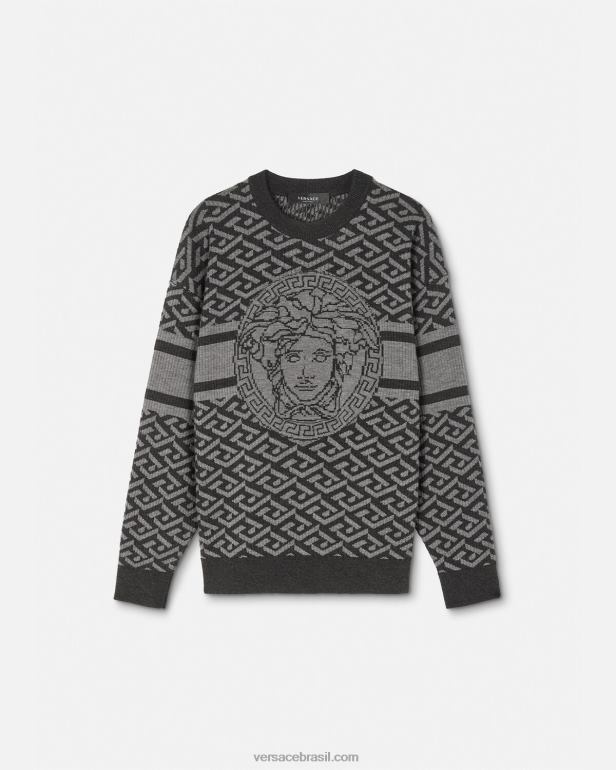 roupas P2TX1339 Versace suéter jacquard la greca medusa cinza e preto homens