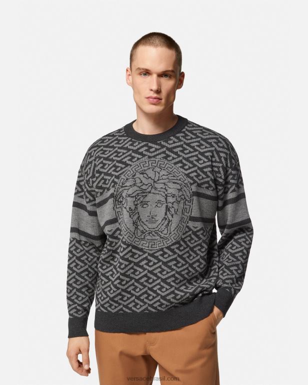 roupas P2TX1339 Versace suéter jacquard la greca medusa cinza e preto homens